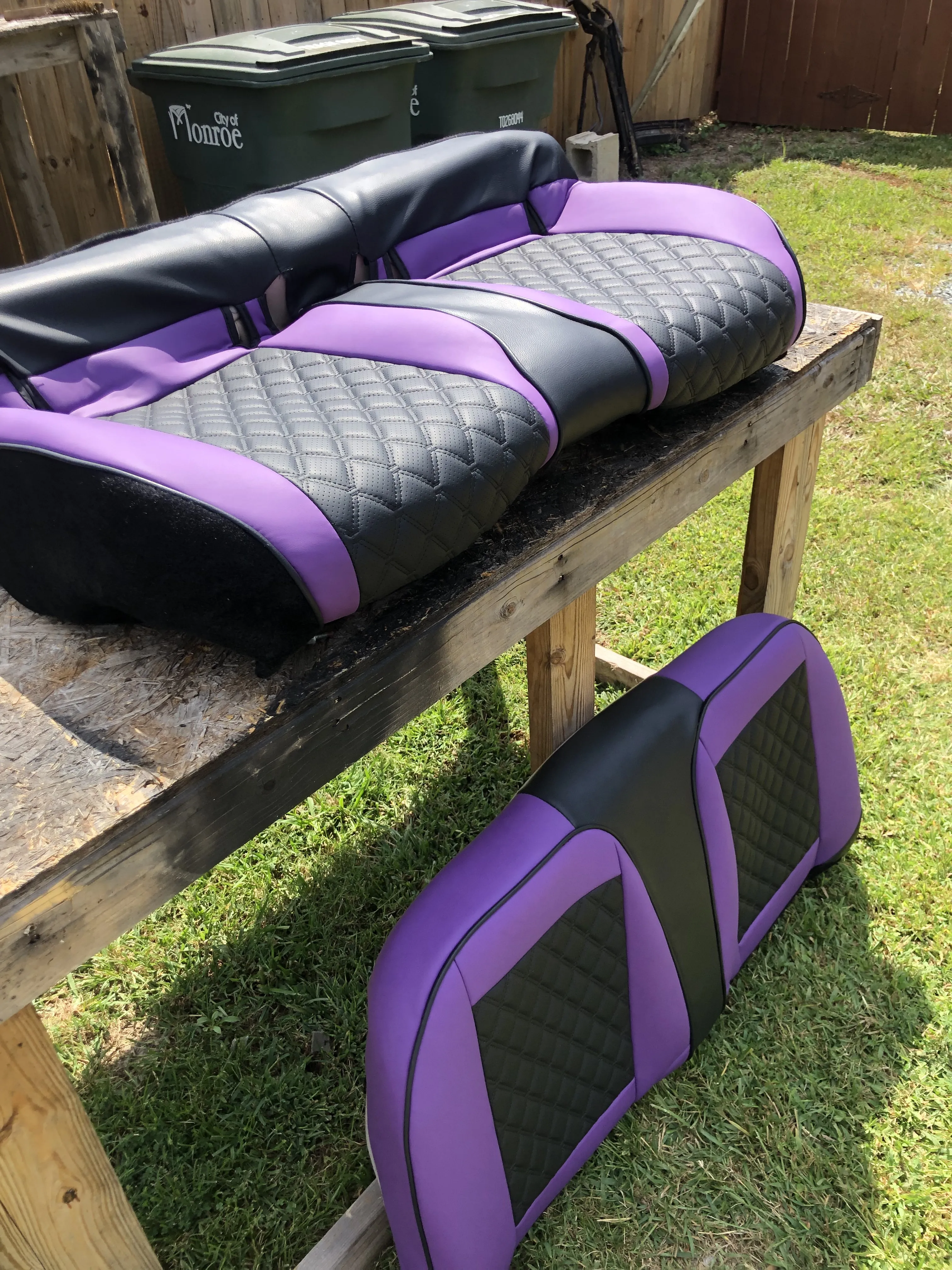 After — purple black quilted bench