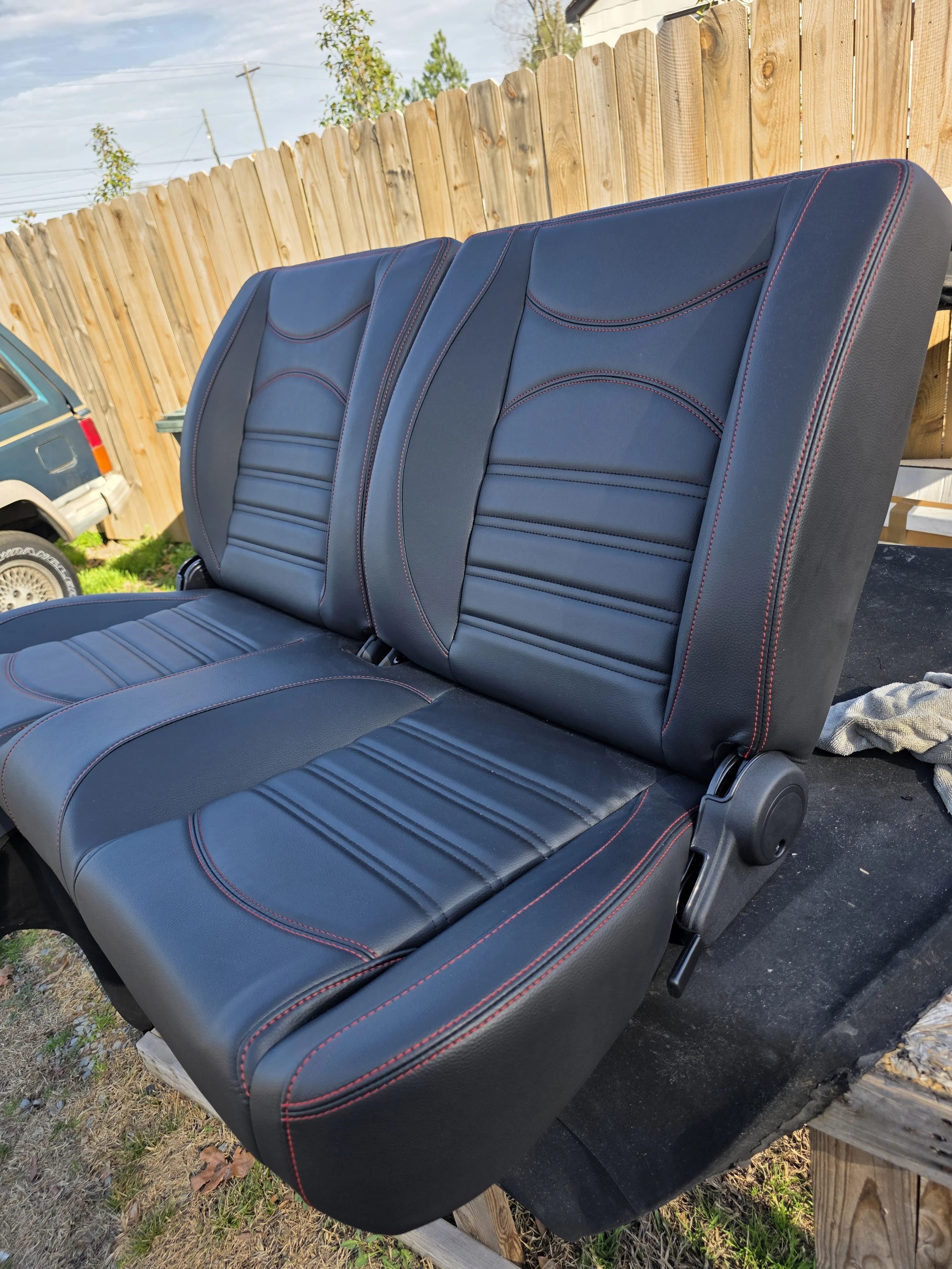 After — black bench red stitch
